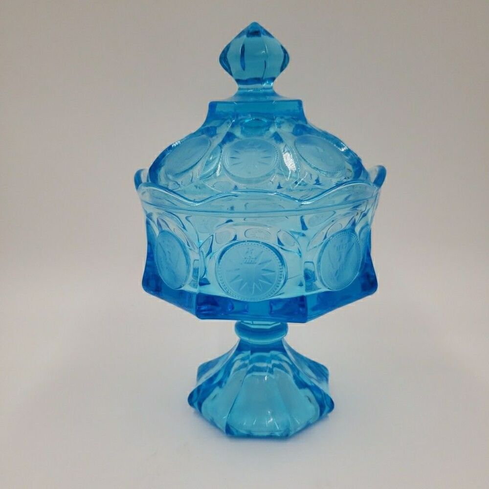 Fostoria Wedding Bowl with Lid Blue Glass Coin Medallion Covered Pedestal Dish - Picture 6 of 16